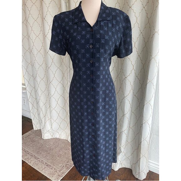 Talbots Navy Blue Collared Short Sleeve Button-down Midi Dress, Size 12P - Picture 2 of 8